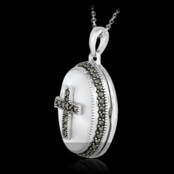 Locket Pendant Oval "Mother of Pearl & Marcasite Cross"