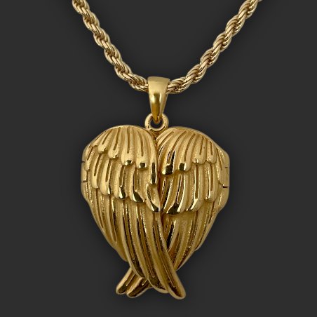 "Alas de arcángel" relicario portafoto en plata corazon dorado 18k